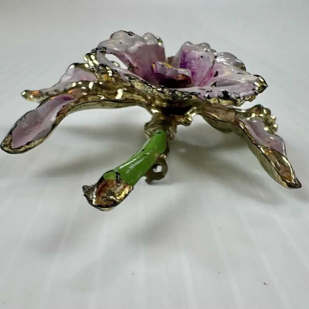 Vintage Floral Pink Purple Flower Orchid Painted Enamel Brooch Lightweight